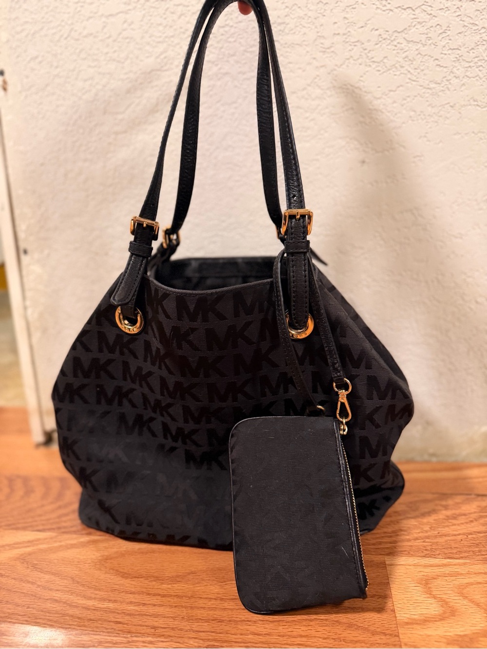 Chic Black MK Monogram Bucket Bag + Matching Pouch